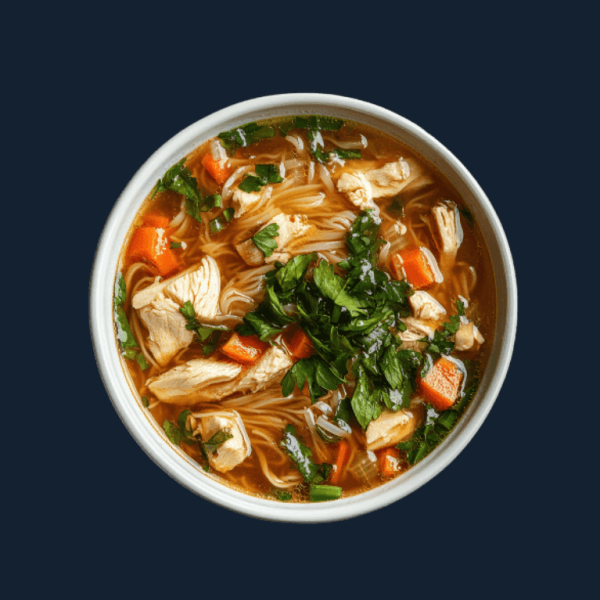 Hearty vegetable noodle soup in savory broth